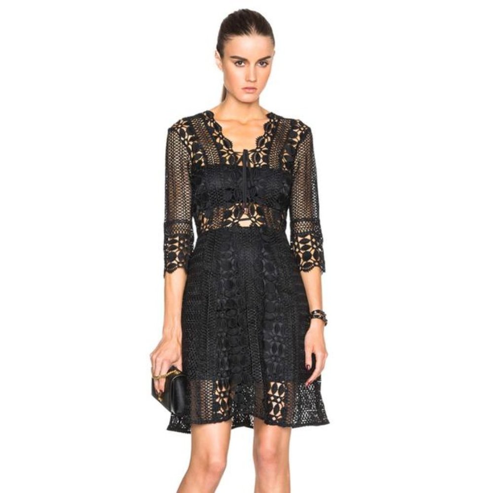 Self Portrait - Black Guipure Crochet Lace Up A-Line Dress - Size 0